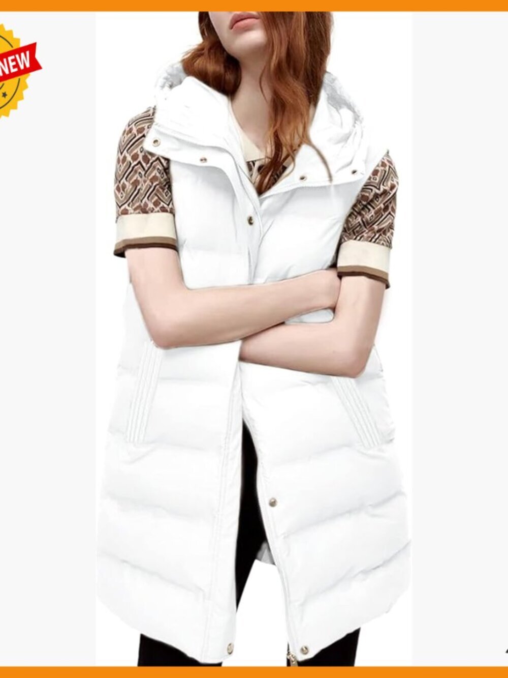 Long Puffer Vest with Removable Hood, Sleeveless, Lightweight, Recycled Material